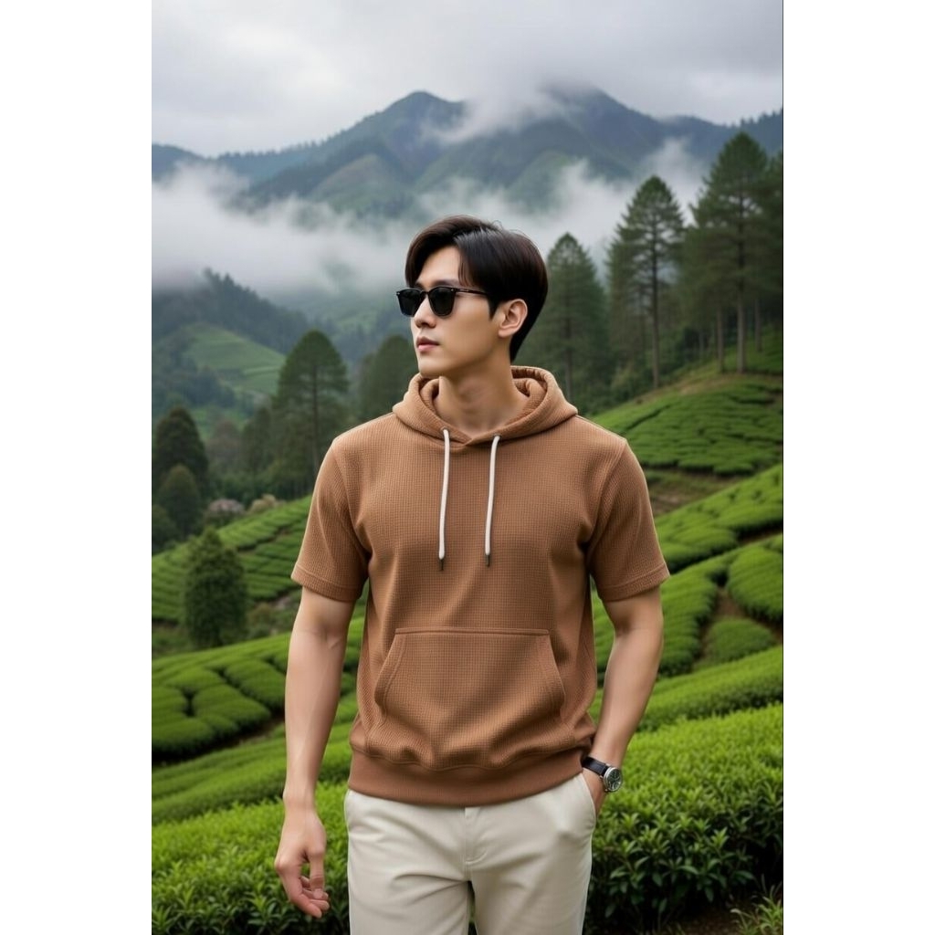 atasan pria hoodie kupluk lengan pendek kantong depan, pakaian cowok kaos hoodie kupluk lengan pende