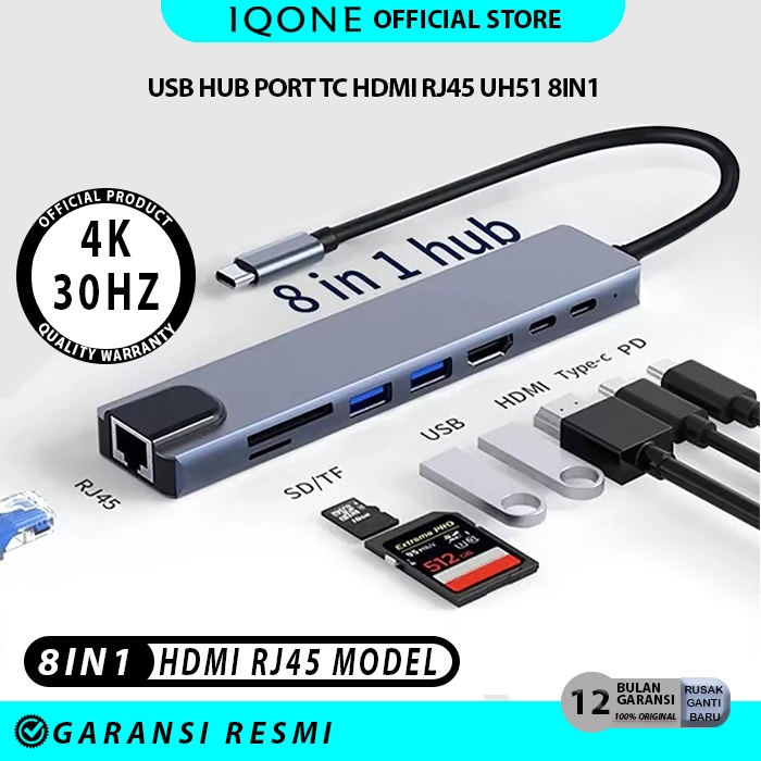 IQONE UH51 RJ45 Type C hub 8in1 DP HDTV 100mbps PD type C card reader usb 3.0 Aluminium for macbook 