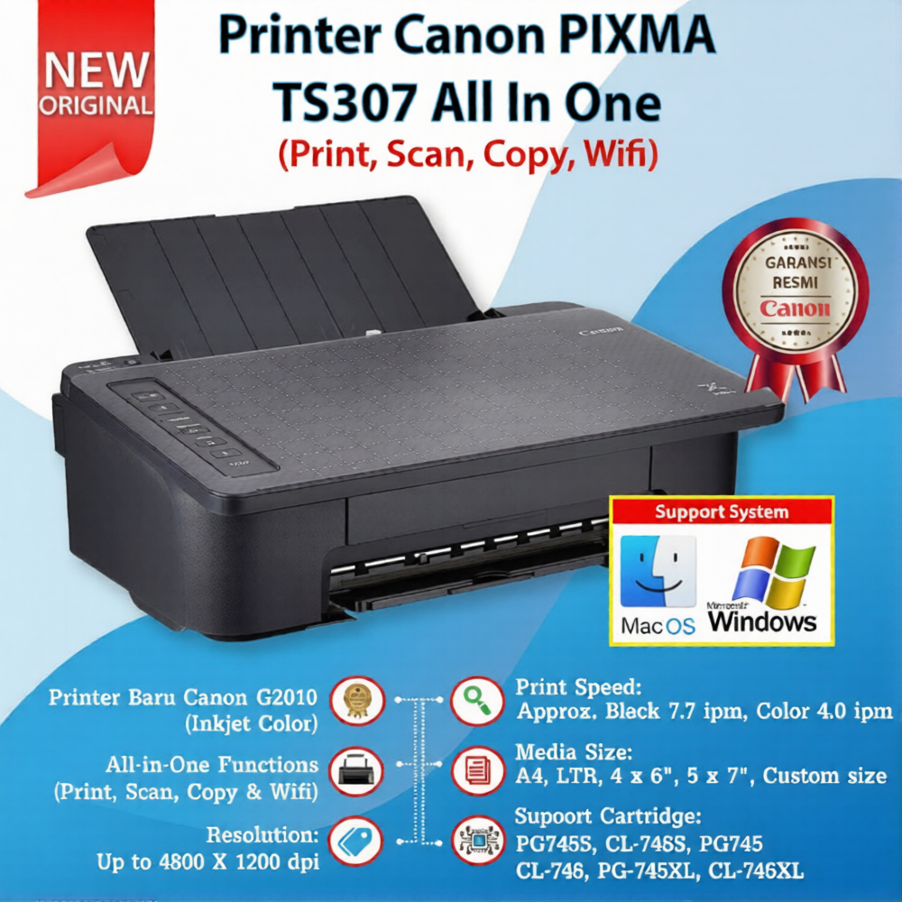 Printer Inkjet Canon PIXMA TS307 TS 307 TS-307 Print Copy Wireless direct + Cartridge tinta 745 746