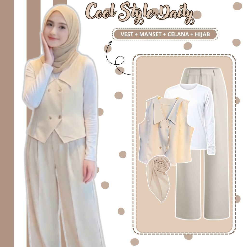 Setelan Korea Style Wanita ( Vest Evi + Manset + Jennie Knit + Jilbab ) Baju Remaja Kekinian - 052