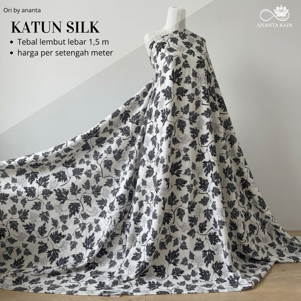 kain katun silky motif bunga hitam putih