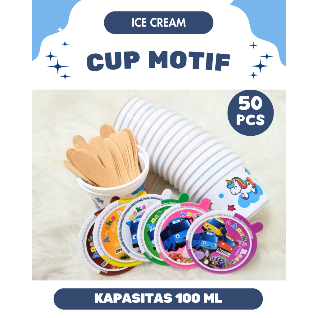Cup Plastik 100 ml Motif Karakter Lucu - Gelas Es Krim Kecil Sekali Pakai Isi 50 Pcs Wadah Puding & 