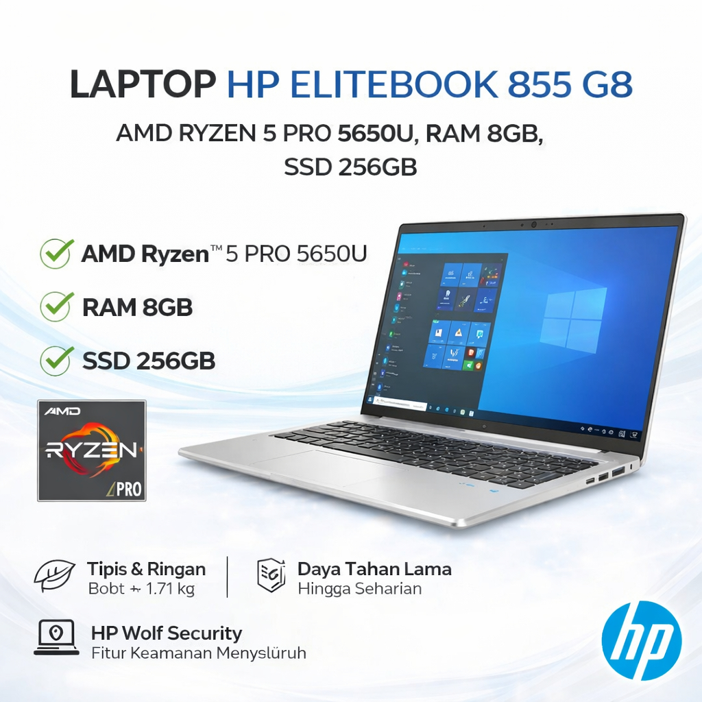 LAPTOP HP ELITEBOOK 855 G8 AMD RYZEN 5 PRO 5650U RAM 8GB SSD 256GB SECOND