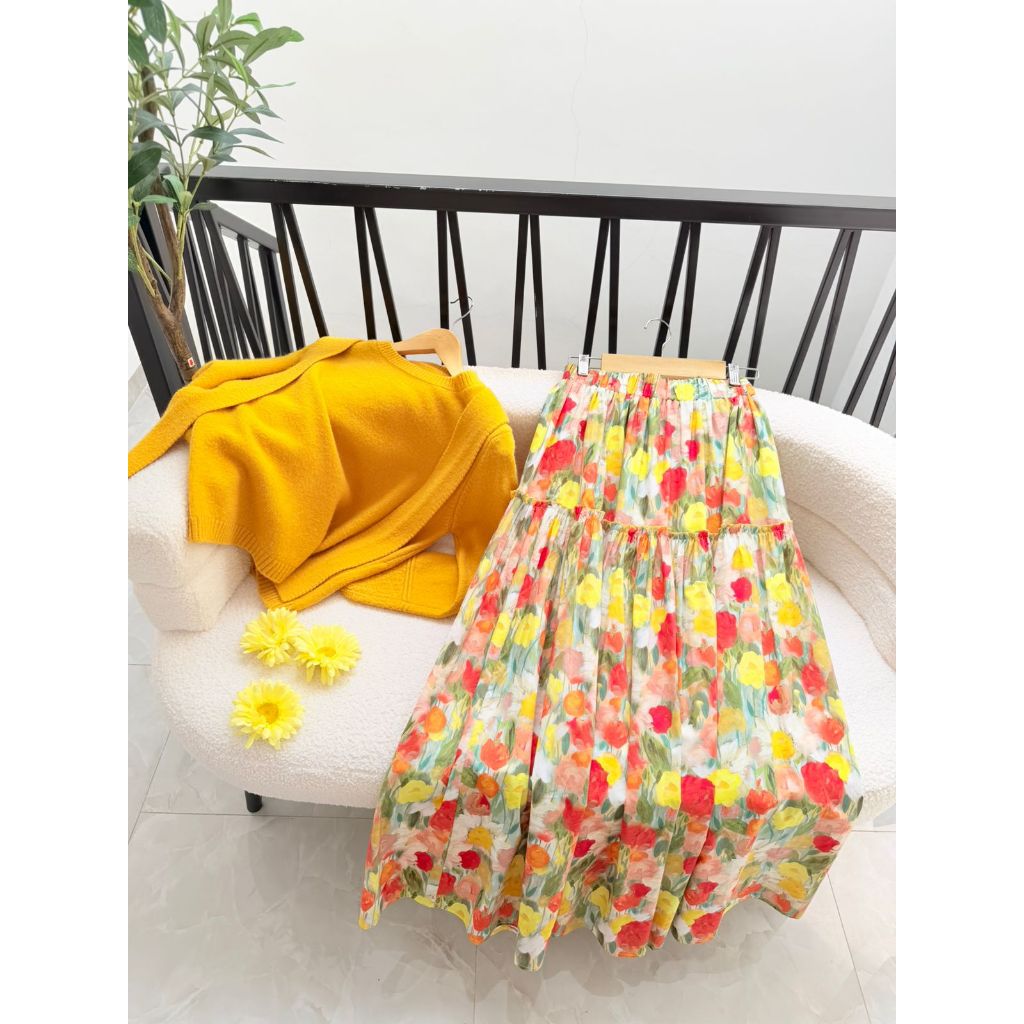 Cardigan Rajut Knit Set Filia Skirt Flower Oren