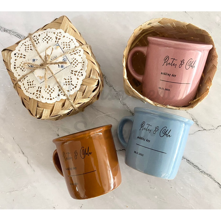 Souvenir Pernikahan Gelas Minum Cangkir Keramik Mug Gagang Porselen Warna Gelas Sablon
