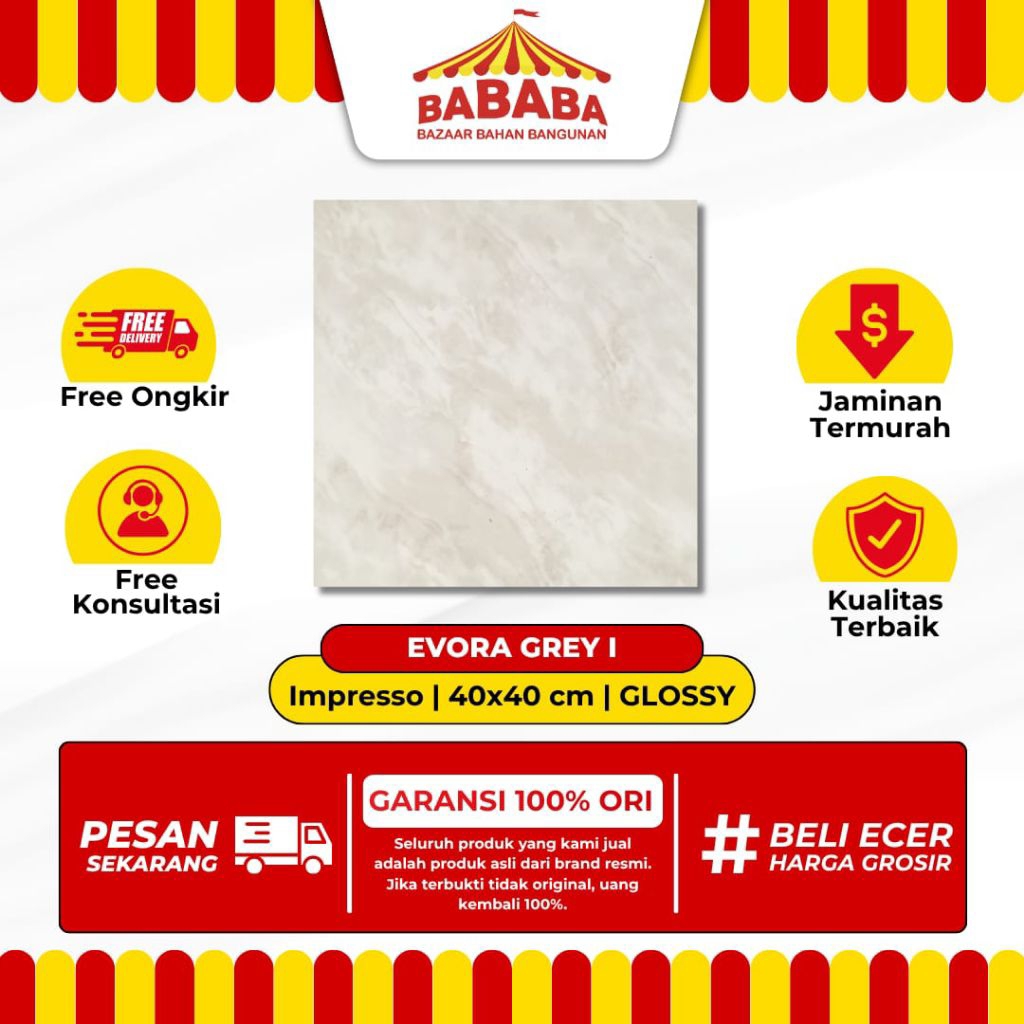 Keramik Lantai Ukuran 40x40 Impresso Evora grey Glossy Kilap Motif Marble Keramik Lantai Rumah