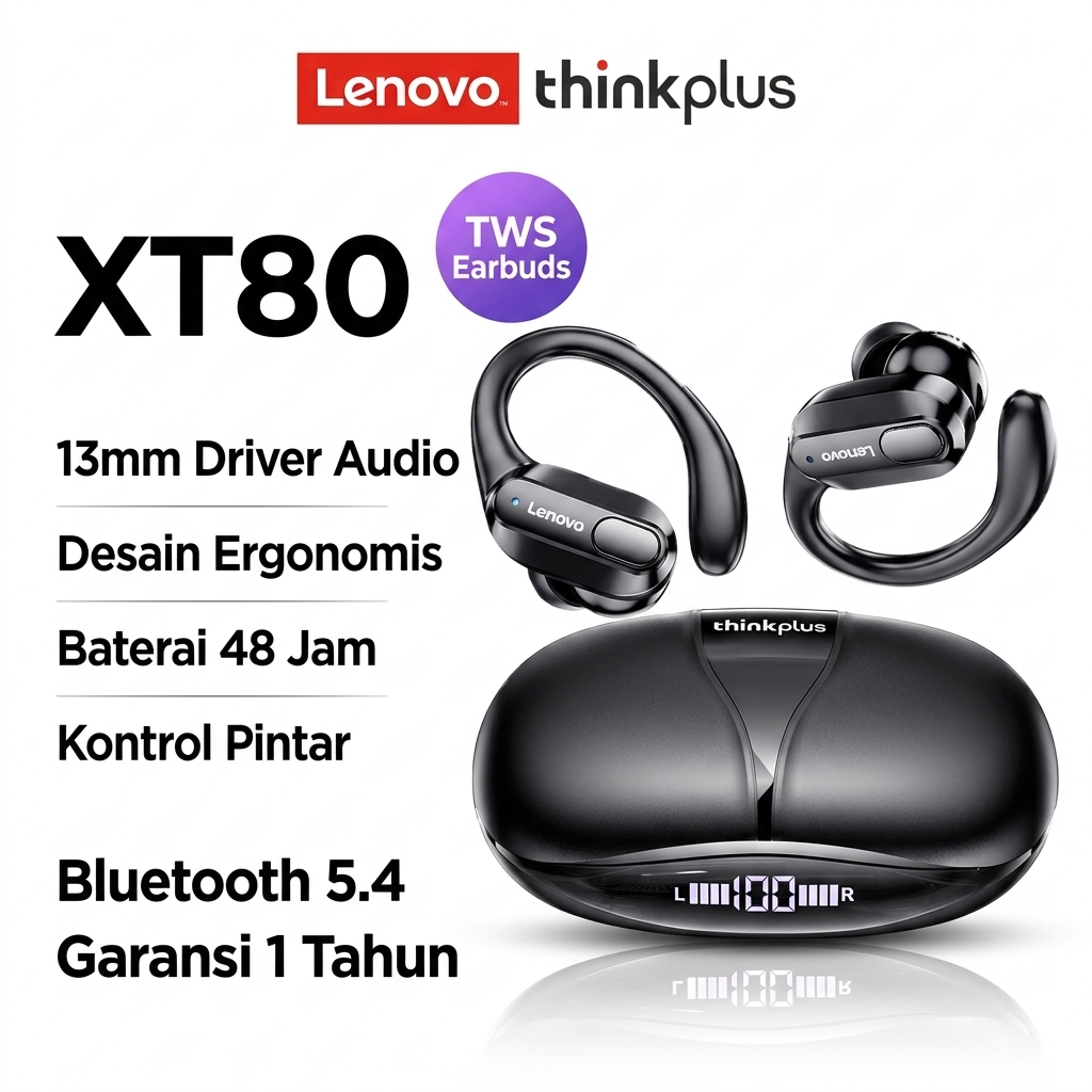 Lenovo ThinkPlus XT80 Earphone In-Ear Nyaman Dipakai Lama, Cocok untuk Marathon, Garansi 1 Tahun