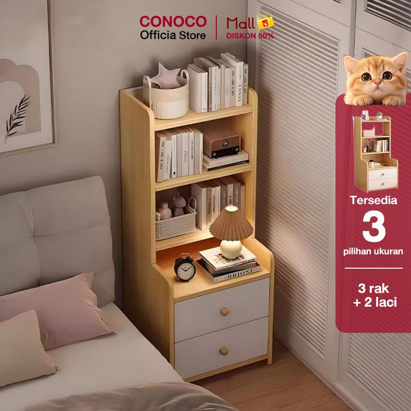 CONOCO Tempat Tidur Serbaguna Multifungsi Meja Samping Meja Nakas Kayu 2 Laci Mudah Dirakit