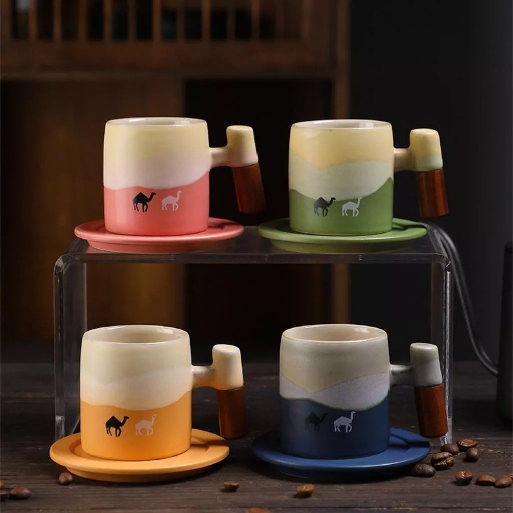 HSM Cangkir Kopi Teh Keramik Estetik Motif Unta + Tatakan/Set Cangkir Gagang Kopi Keramik Unik denga