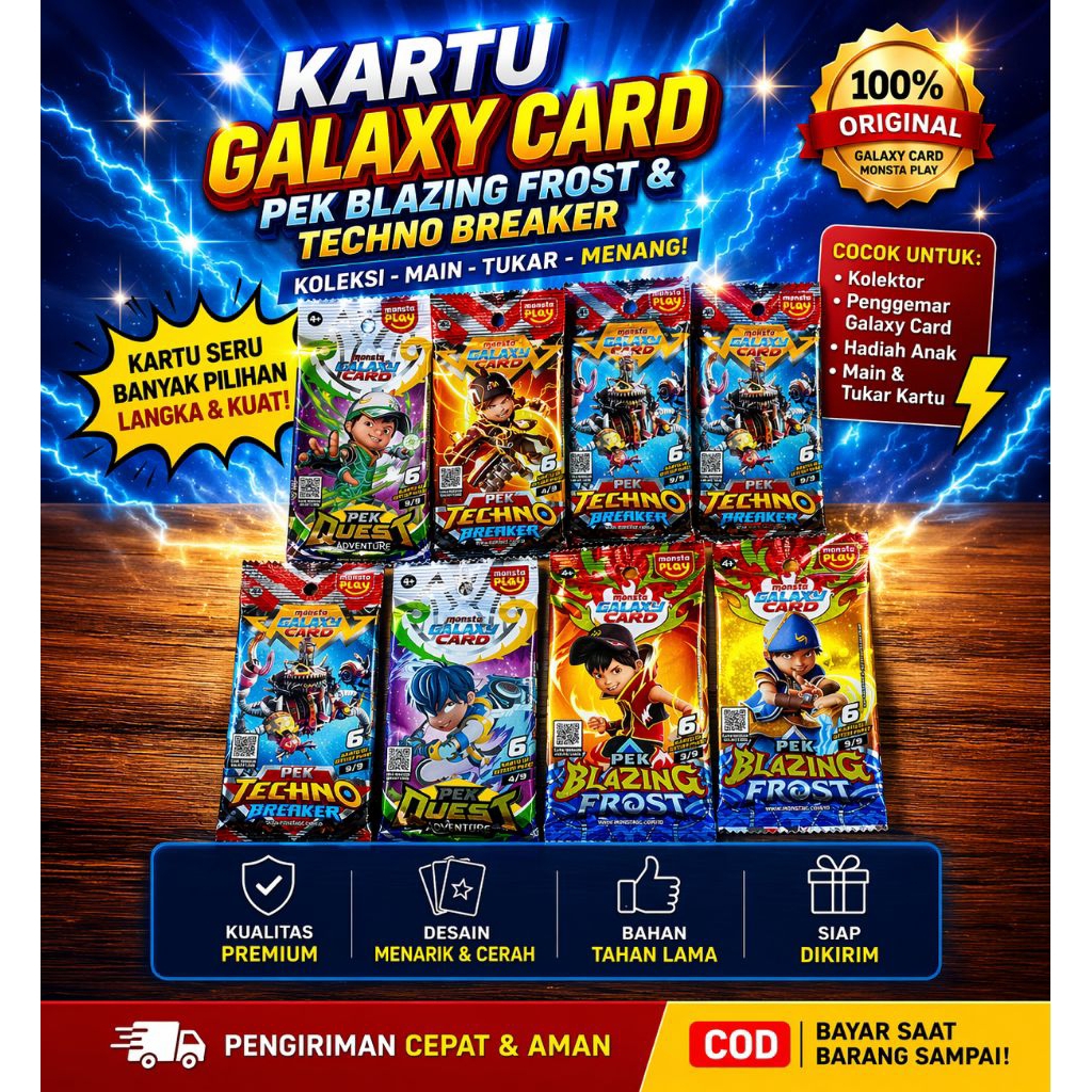 kartu Monsta Galaxy Card, Pek Blezing frost, pek Tecno Breaker dan pek Fusion.