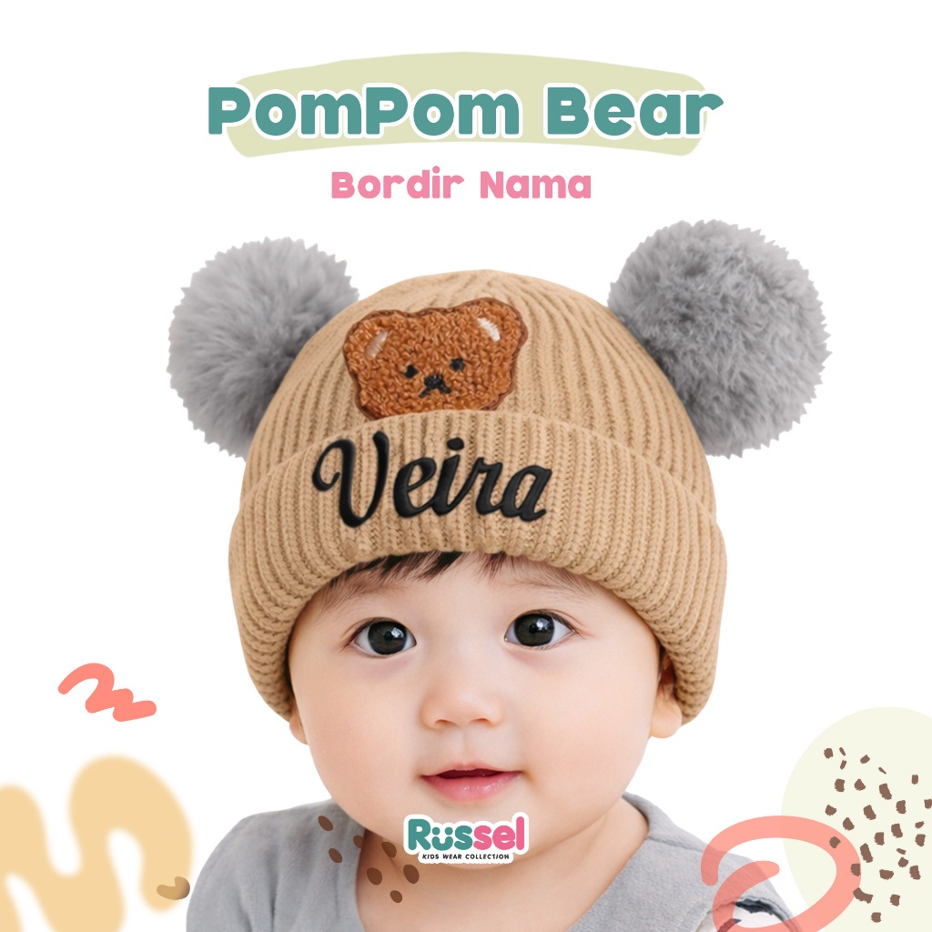 Topi Bayi Kupluk Rajut Bear Pompom Bordir Nama