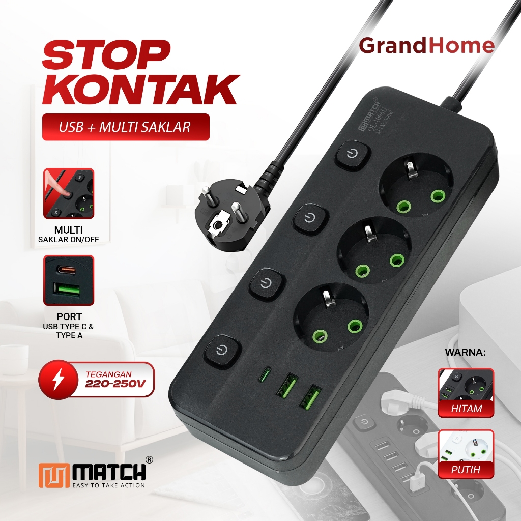 Stop Kontak Panjang 5 Lubang USB Charger | Saklar Individual | Cocok Rumah & Kantor
