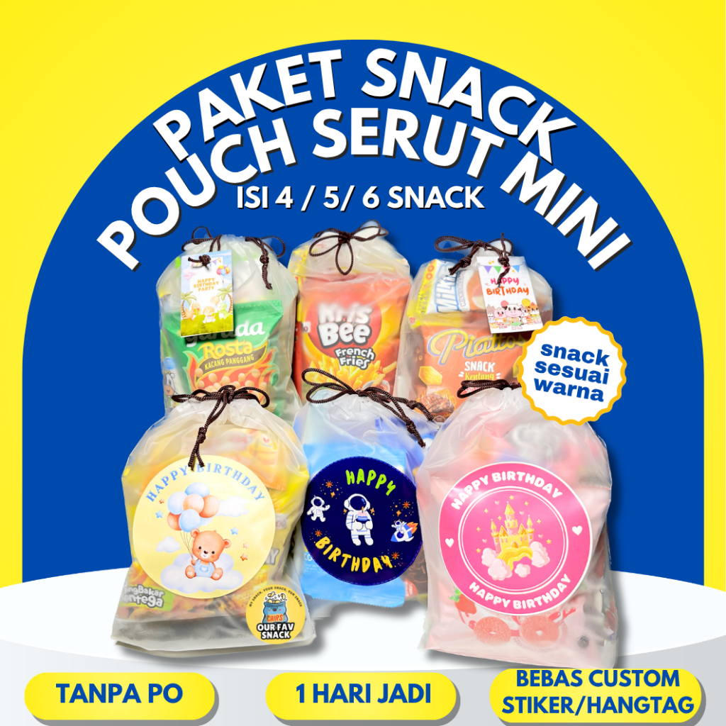 Paket Snack Ulang Tahun Anak Hampers Snack Bingkisan Ulang Tahun Anak Pouch Serut Mini