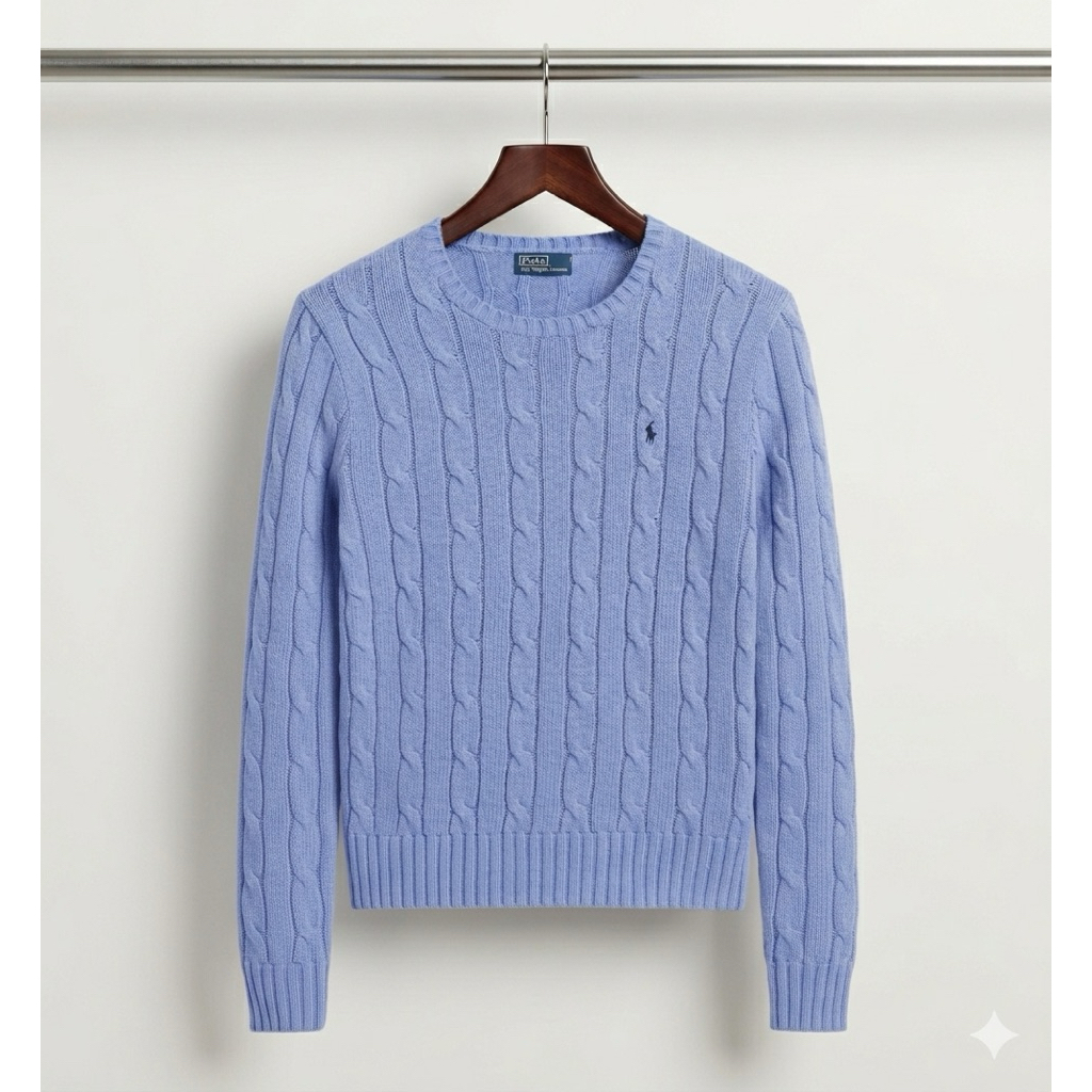 Sweater Polo Ralph Lauren Cableknit Rajut Full Kepang Sky Blue