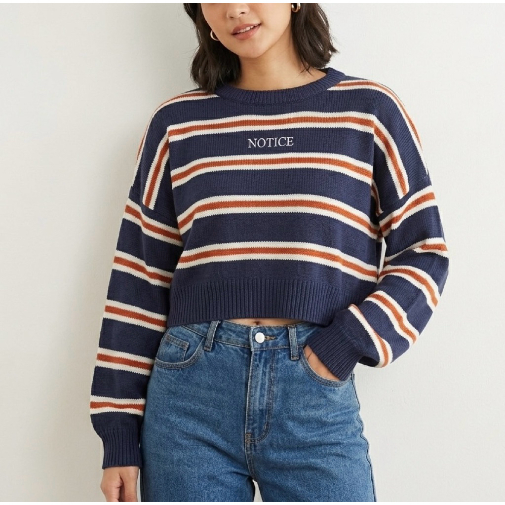 CHIP CLIP stripped oversize knit sweater - sweater crop balon - sweater lengan balon - sweater rajut
