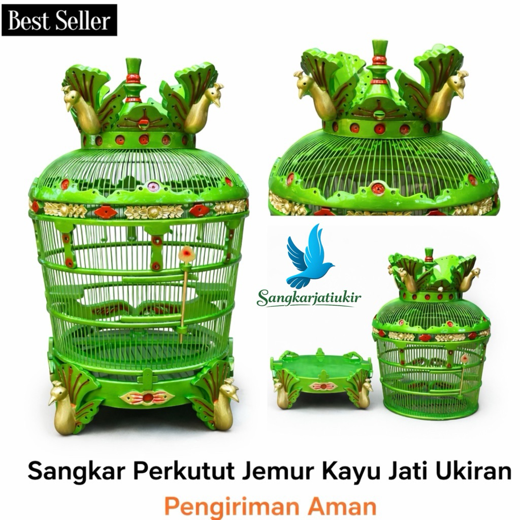 Sangkar Burung Perkutut Jemur Kayu Jati Ukiran Merak Finishing Hijau Glossy Mewah Premium BEST SELLE