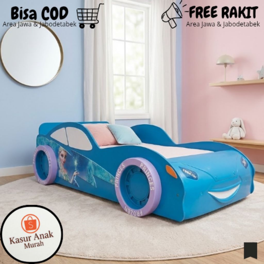 Tempat Tidur Anak Perempuan Karakter Elsa Frozen , Kasur Ukuran 120 Bentuk Mobil