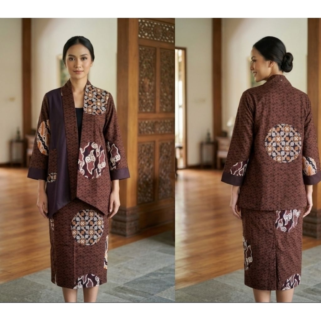 Batik Wanita Coklat Setelan Blezer dan Rok