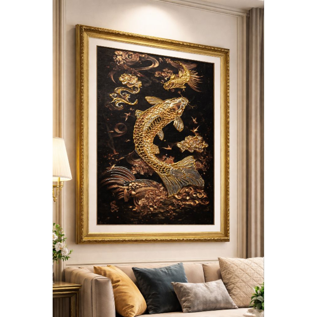 hiasan poster ikan koi gold emas