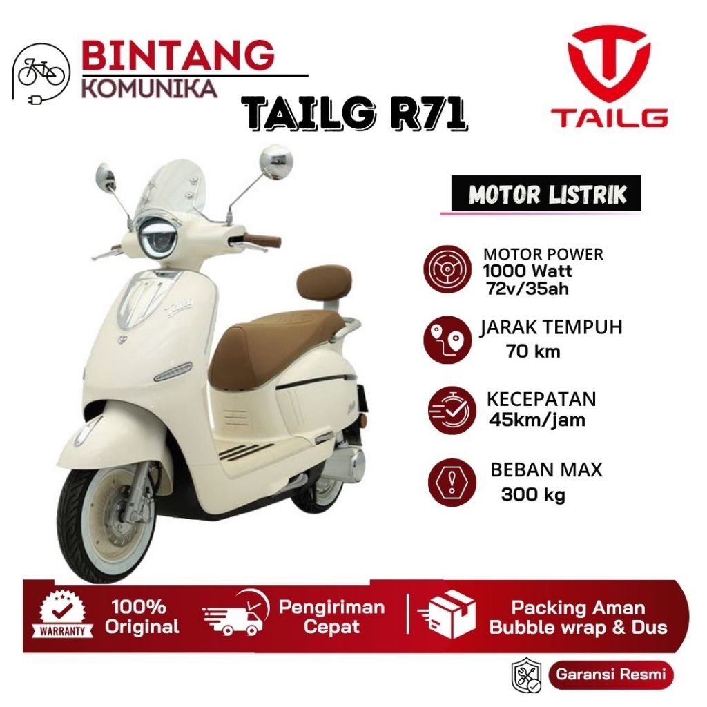 Motor Listrik TAILG R71 Model Vespa Retro Klasik Pink Lucu Dewasa 1500W Rem Cakram Non Subsidi Garan