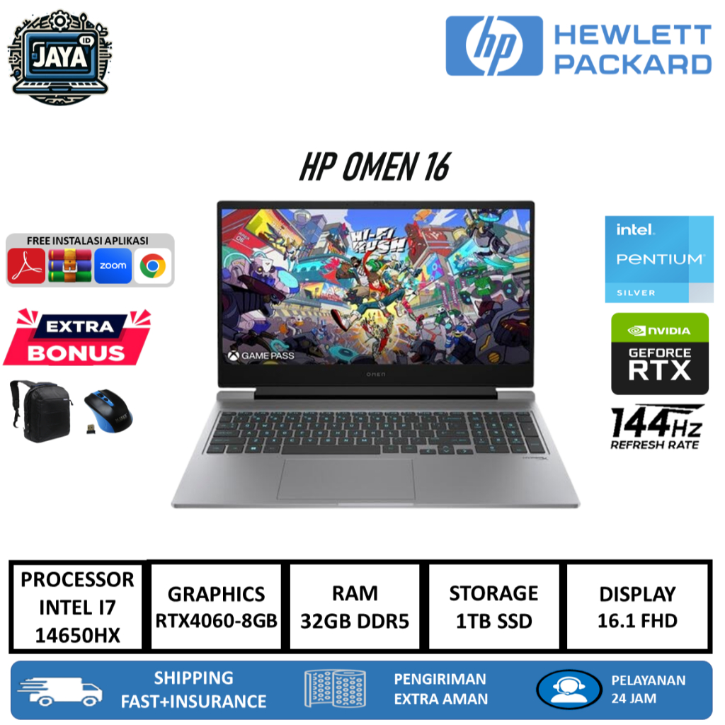HP OMEN 16 INTEL I7 14650HX 32GB DDR5 1TB RTX4060-8GB 16.1 FHD IPS 144HZ BL WIN11HOME SILVER EX DISP