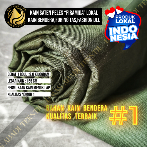 Kain Satin Peles PIRAMIDA(Hijau Army)1 Roll 50 100 Yard Setara Peles Kahatex Bahan Furing Tas Semina