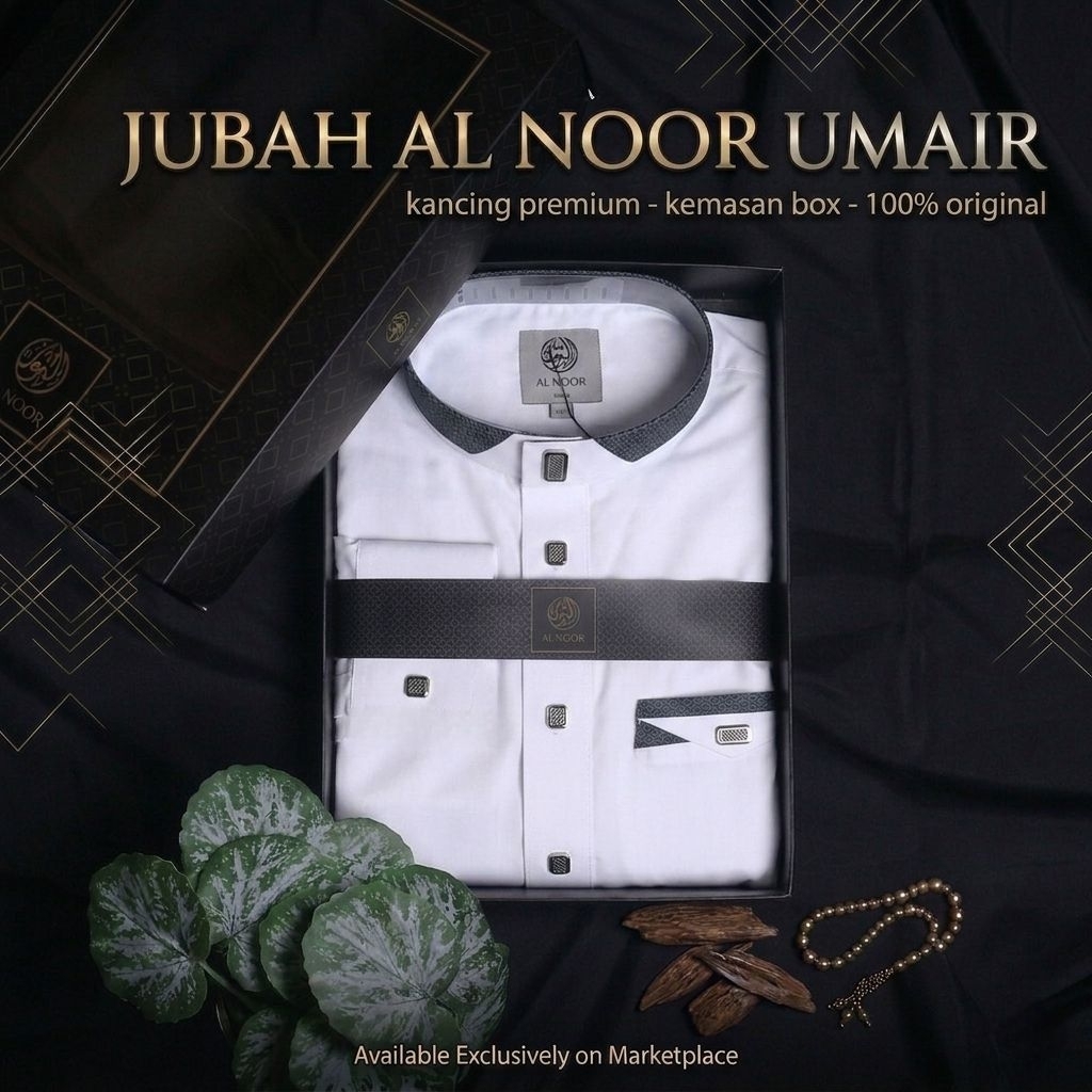 JUBAH AL NOOR UMAIR | Gamis AlNoor Premium Putih Kombinasi Polyster Lengan Manset + Box Hitam | Juba