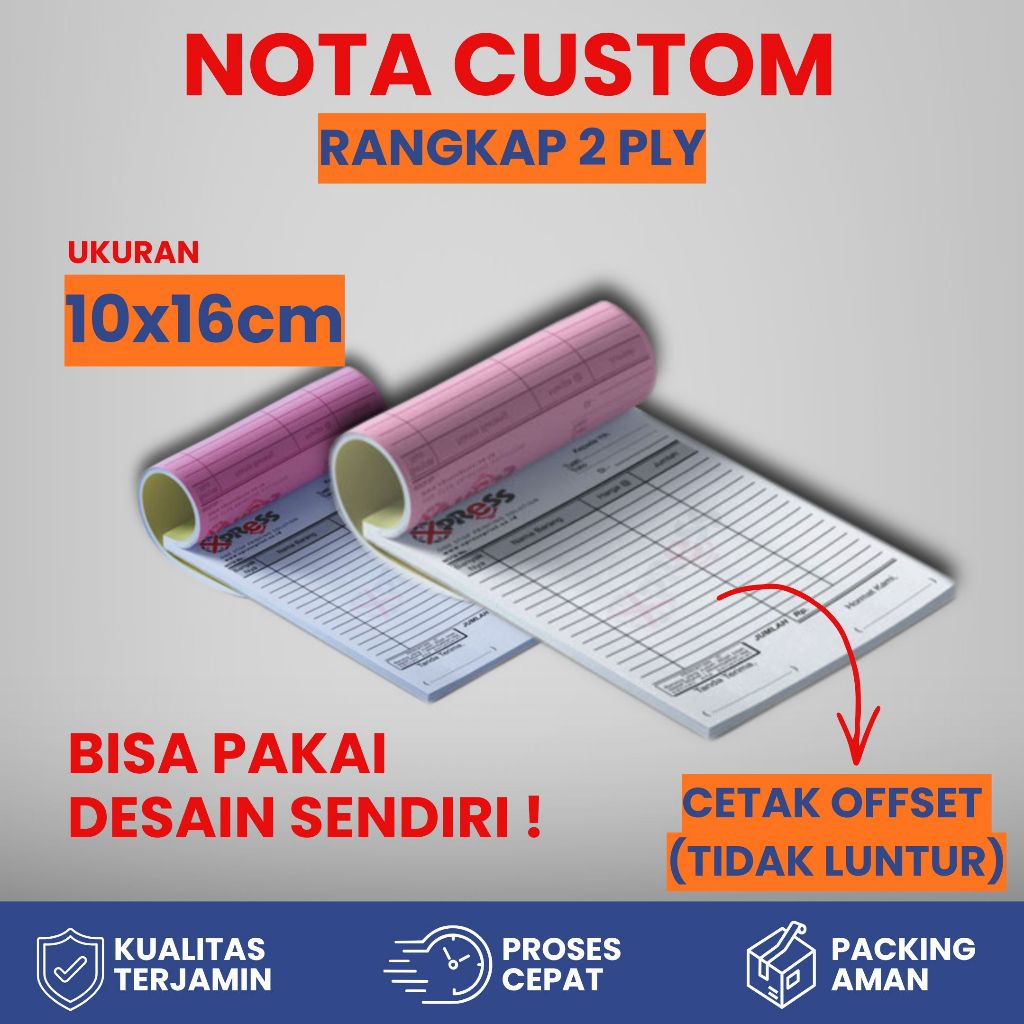 Nota Custom Free Design Murah 2 Ply 50 Lembar Ukuran 1/4 Folio A5 A6 Perhotelan