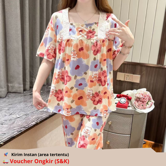 Baju Tidur Lengan Pendek Motif LEISURE WEAR Kaos spandex Impor / Sleepwear Wanita XL-XXL