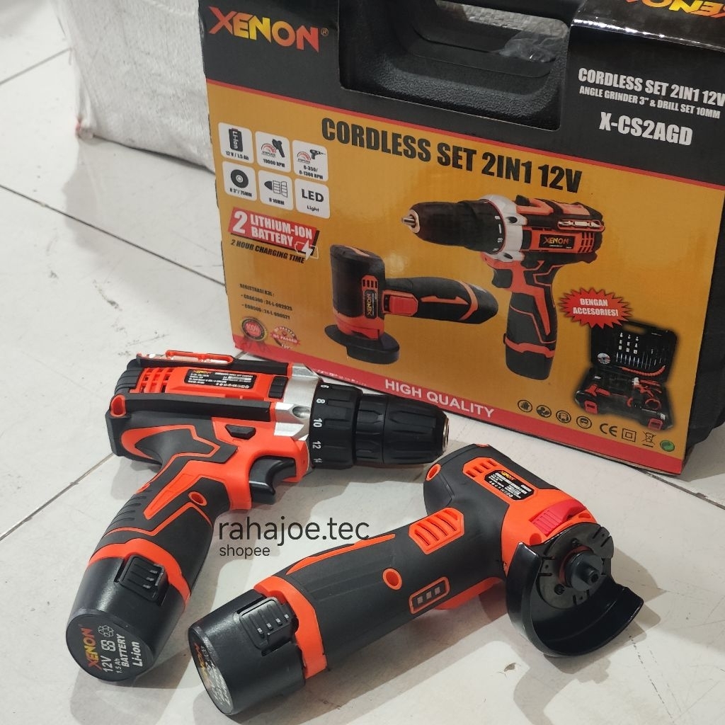 Set Box 2in1 Mesin Bor 12V + Gerinda Mini Cordless 3"  Xenon CS2AGID12 Bor Baterai Gurinda 3 Inch