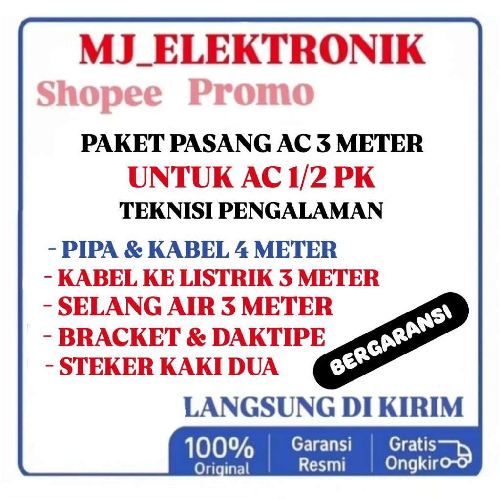 PAKET PASANG AC BARU 1/2 PK 1 PK