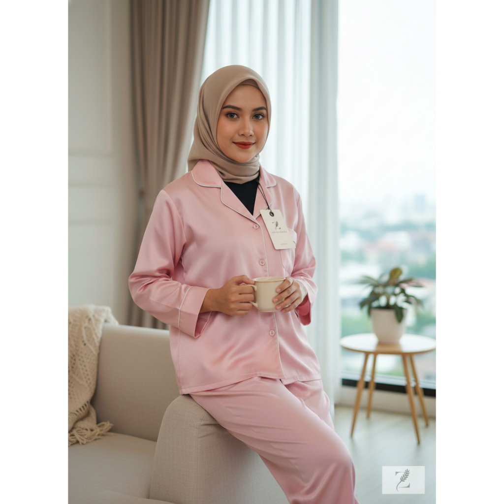 Piyama Satin Pink Premium Baju tidur lengan panjang stelan set piyama oneset lengan panjang