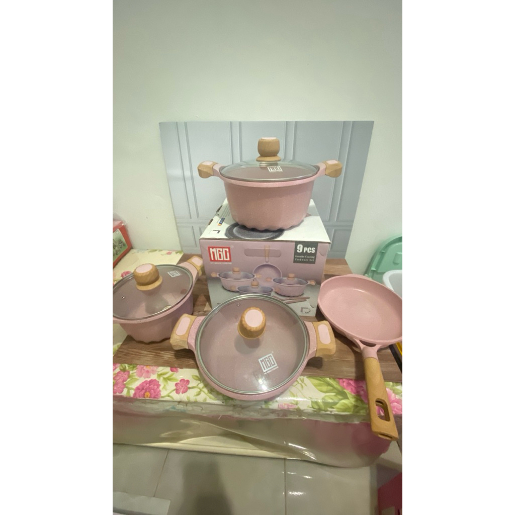 MGC 9 Pcs Wajan Panci Set Anti Lengket Marble Granit Pink