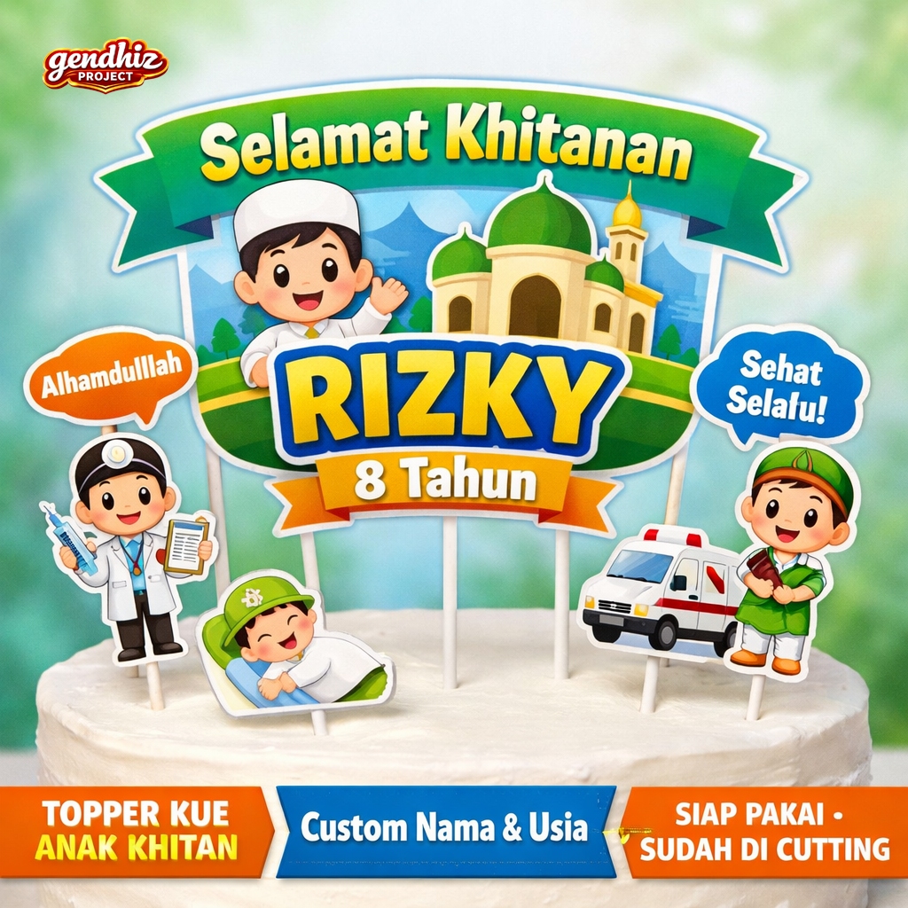 Topper Cake Khitanan Custom Nama Umur Anak | Hiasan Kue Khitan Tema Islami | Cake Topper Sunatan Ana