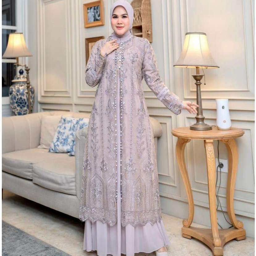 Gamis Mewah Untuk Pesta Model Terbaru Safira Dress ( Dres + Outher Brukat )Bahan Ceruty Mix Brukat