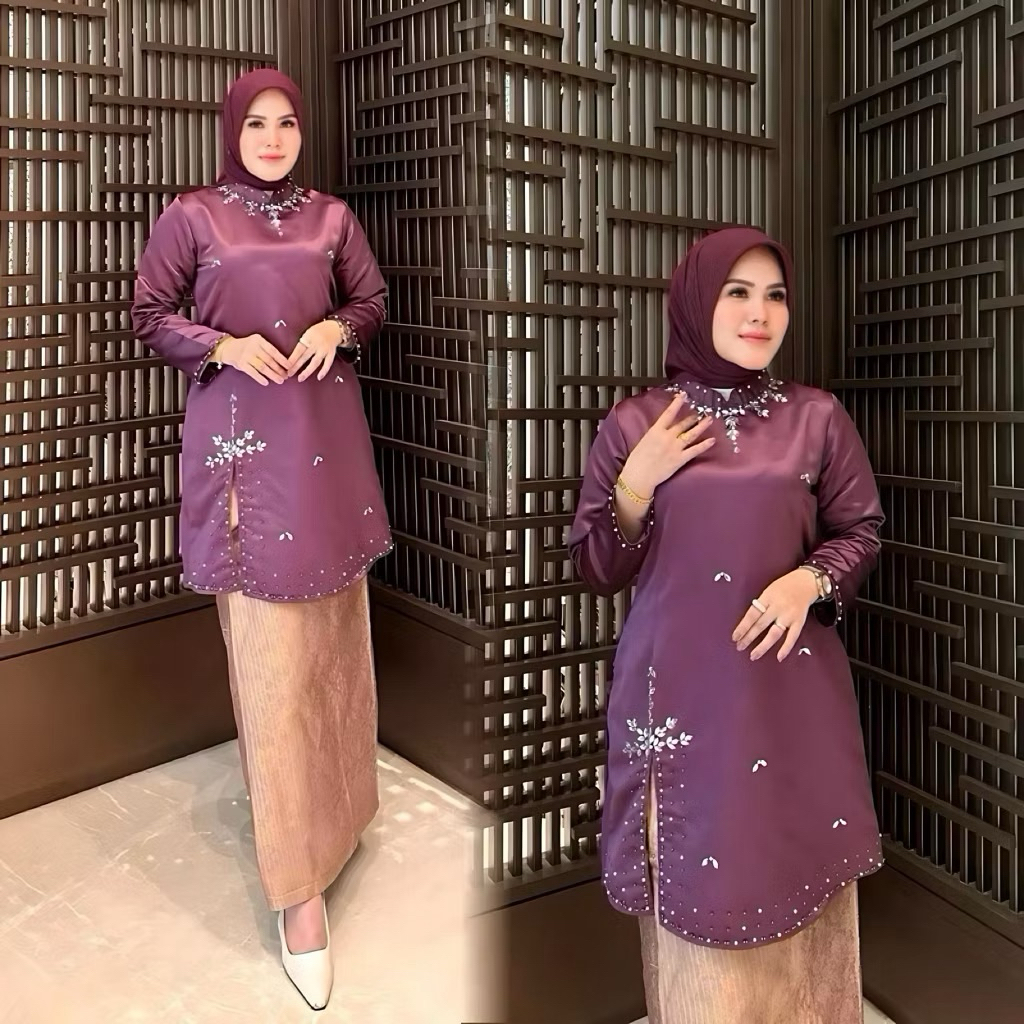 Rathu Kebaya | Kebaya Modern Belah samping Set Rok Dan Hijab Payet Premium