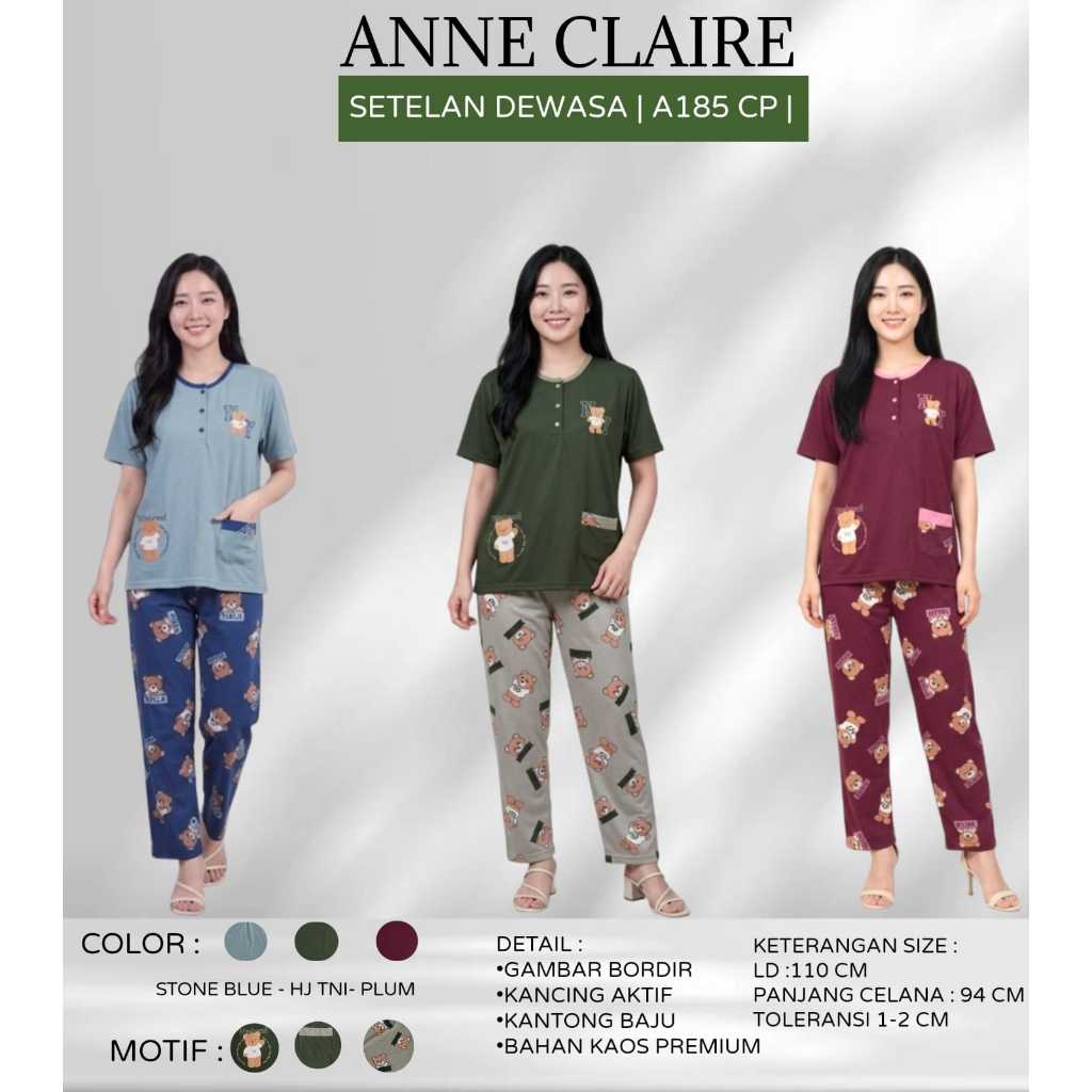 Babydoll Setelan One Set Dewasa Baju Tidur CP Lengan Pendek Celana Panjang Anne Claire | Setelan Wan