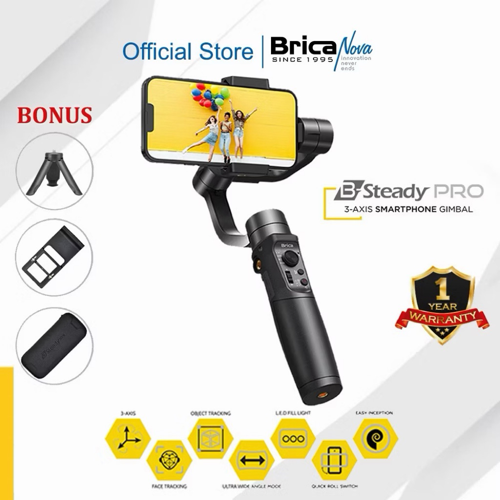 Brica B-Steady PRO 2023 - 3 Axis Smartphone  & Action Cam Gimbal - Black - Tripod Mini + Action Cam 