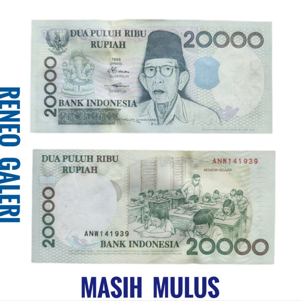 Mulus asli 20.000 Rupiah tahun 1998 Ki Hajar Dewantoro dewantara kegiatan belajar mengajar uang kert