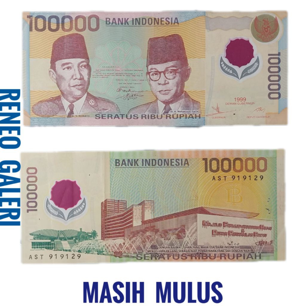 Mulus 100.000 Rupiah Tahun 1999 Sukarno Hatta Mawar Polymer Rp 100000 Uang Kuno polimer merah lama d
