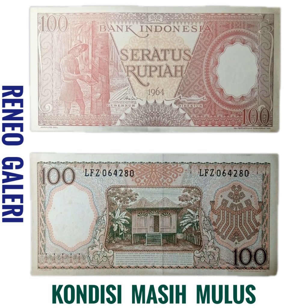 Mulus asli Rp 100 Rupiah Tahun 1964 Seri Pekerja tangan merah uang kertas Kuno duit jadul lawas lama