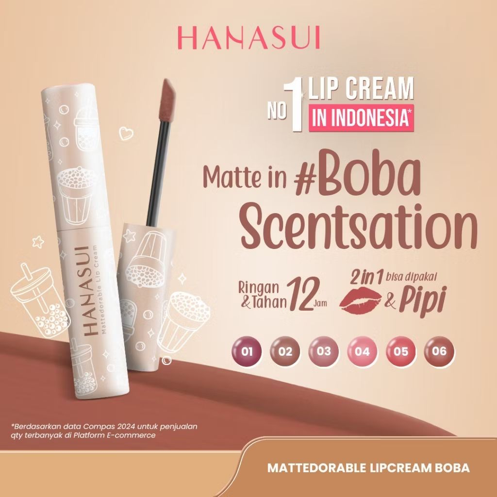 Hanasui Boba | Lip Cream Hanasui Mattedorable – Matte Tahan Lama | Varian Boba