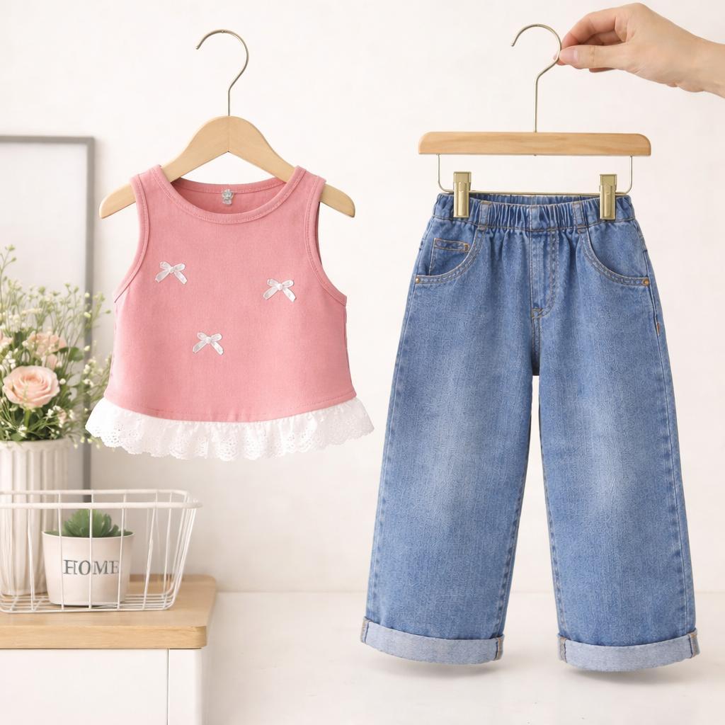 rebystore setelan anak perempuan kaos knit pita celana jeans panjang terbaru 1-5 tahun
