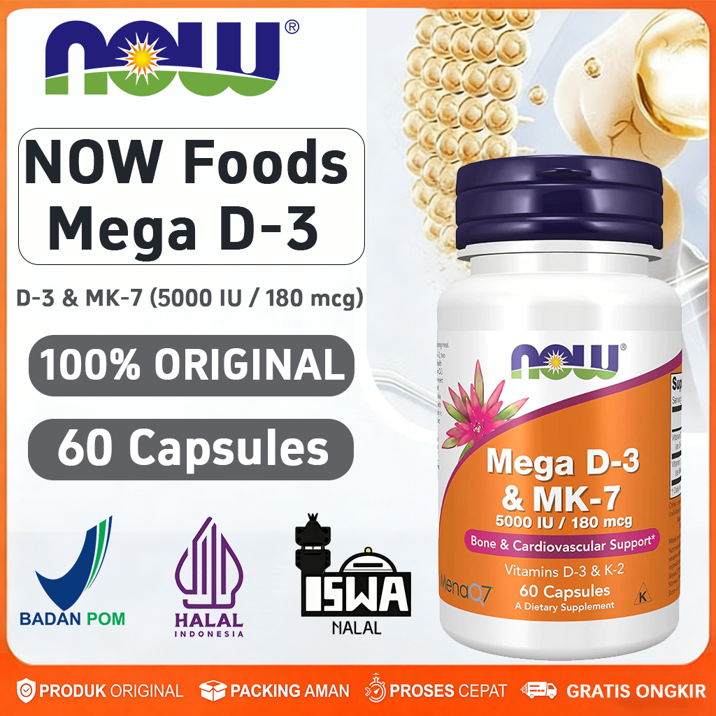 Now Foods Mega D3 5000IU 180mcg K2 MK7[NEW][100%Impor asli][COD]D-3 & MK-7 (5000 IU/180 mcg) 60 Caps