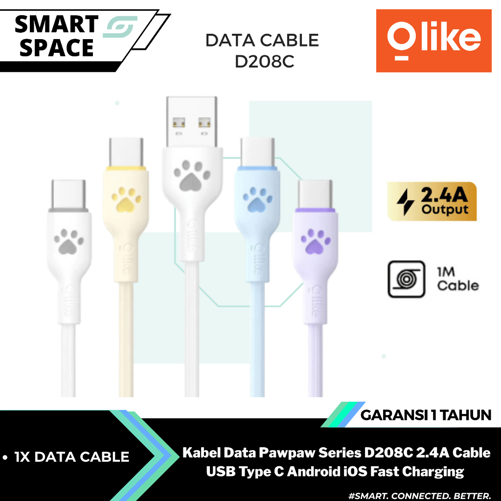 OLIKE Kabel Data Pawpaw Series D208C 2.4A Cable USB Type C Android iOS Fast Charging Garansi 1 Tahun