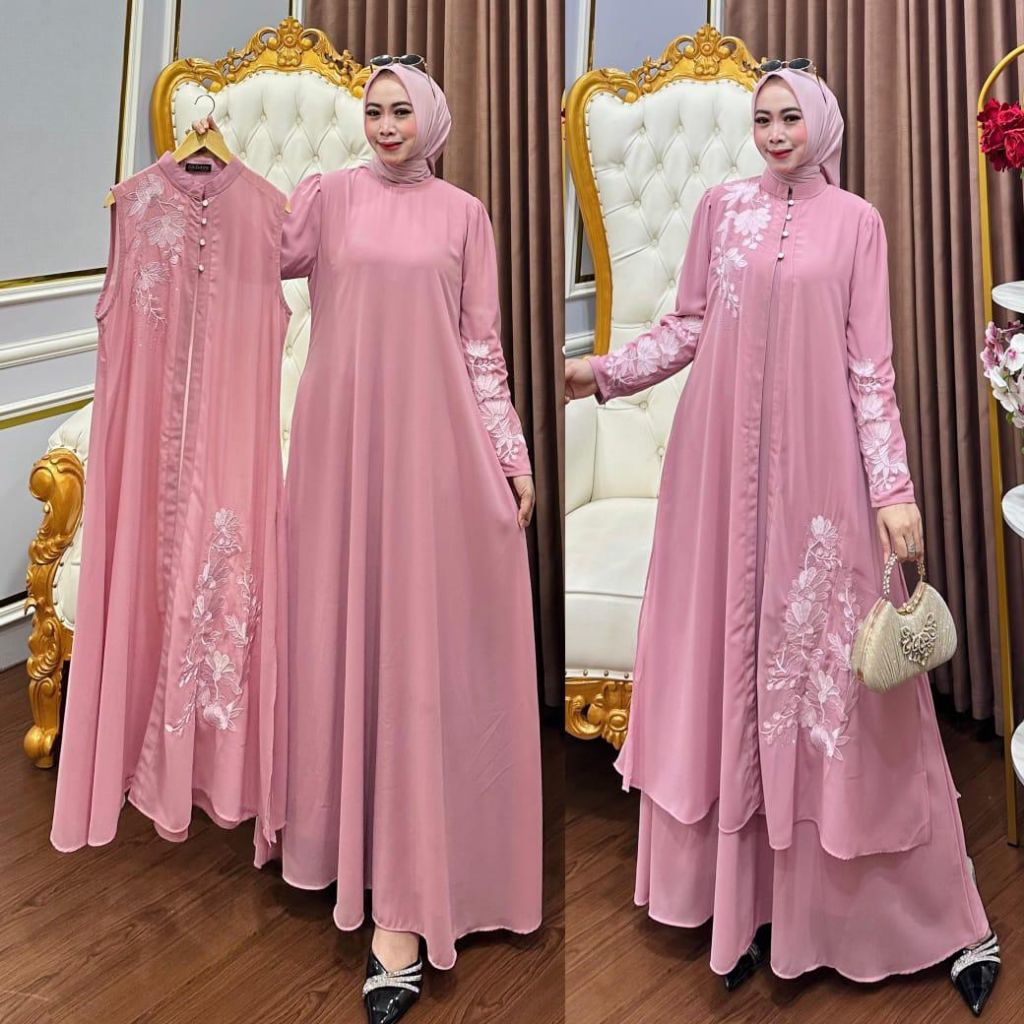 ADELA DRESS BORDIR BAHAN CRUTY BABYDOLL LD 110 PANJANG 140 (GAMIS+OUTER)