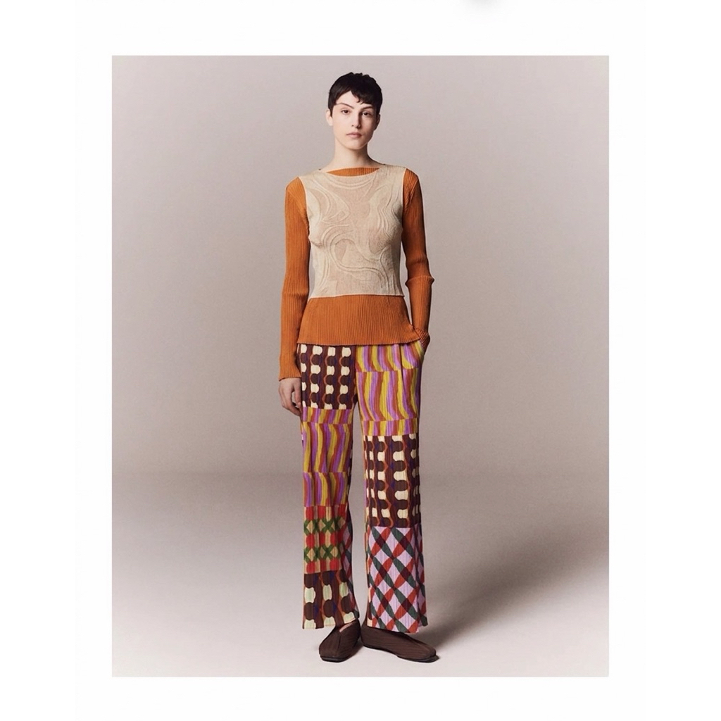 PLEATSME Cinnamon Orange Pleated Top | Minimalist Issey-Style Ribbed Shirt | Essential Plisket Longs