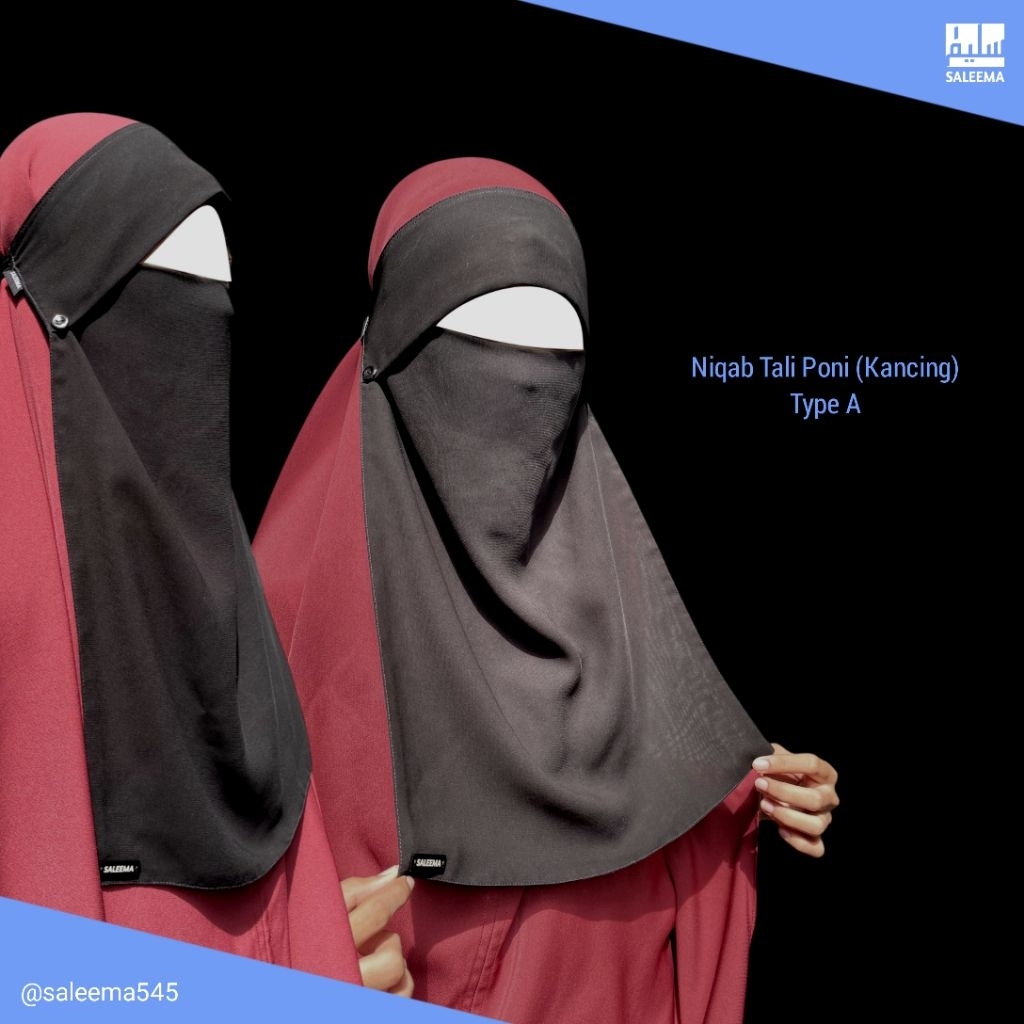 Cadar Tali poni kancing, bandana poni Saleema, niqab siffon anti engap.