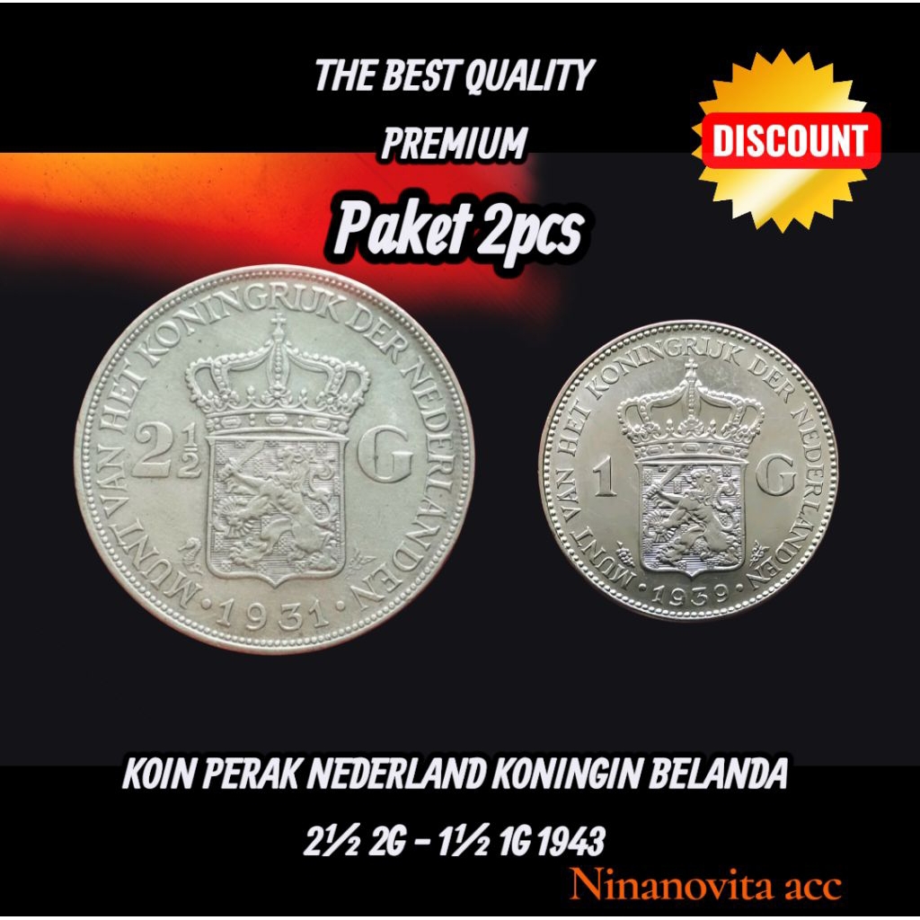 2Pcs Koin Perak 0,5% Wilhelmina Nederland Koningin Belanda 2½ 2G - 1G 1943 Premium