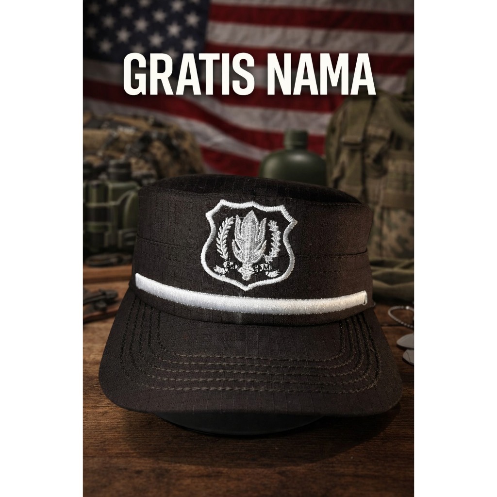 Topi satpam komando premium gratis nama ready warna coklat dan hitam